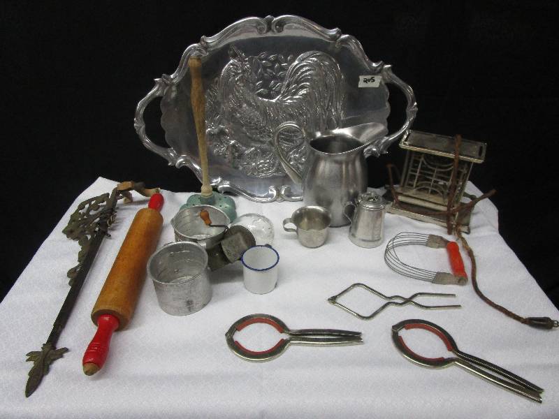 lot 121 image: Antique Curtain Holder, Kitchen Stuff, Pitcher, Toaster, Large Lenox Rooter Platter, Various Items
