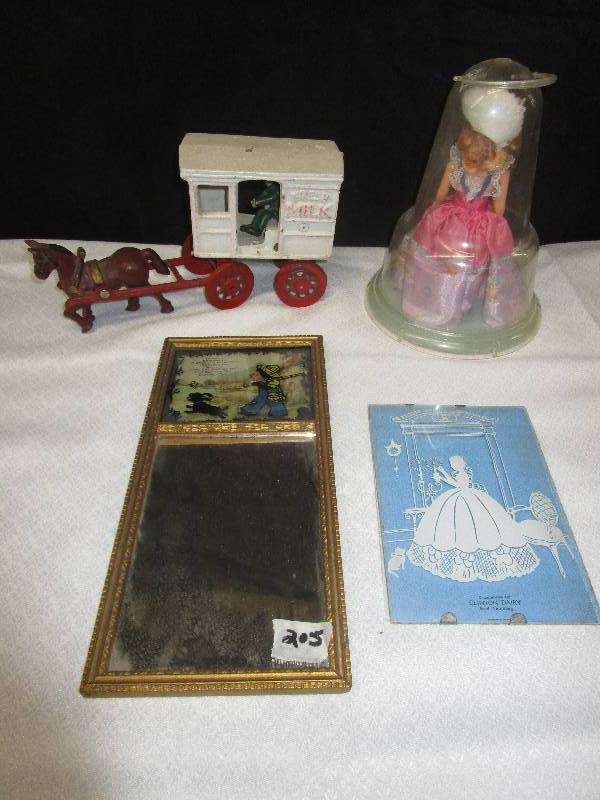 lot 124 image: Advertising Items, Complements of Clinton Dary Axel Hamberg, Complements of Beardsley Farmers Coopertive Elevator, Cast Iron Horse and Buggy, Antique Doll