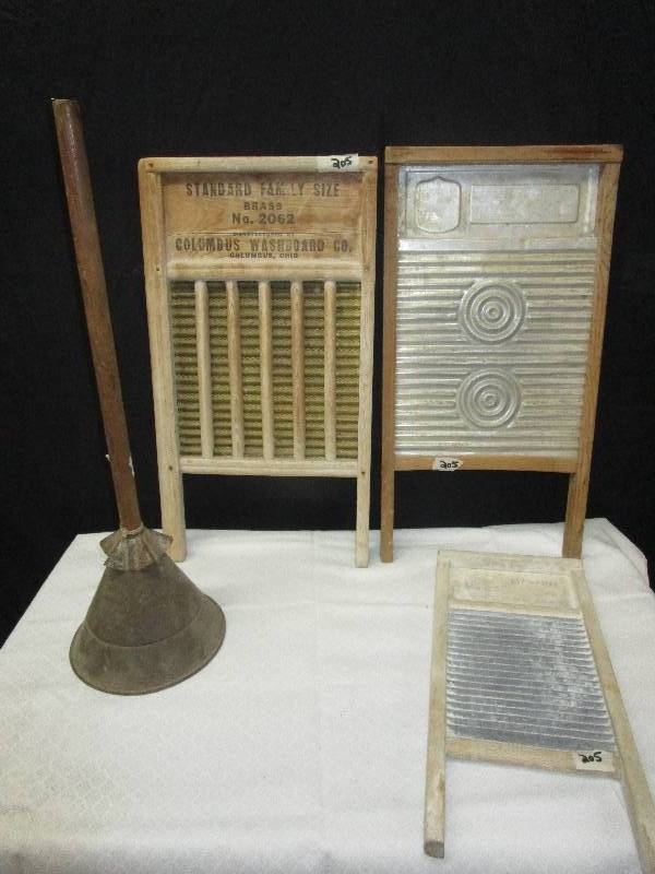 lot 125 image: Antique Cloth Plunger, Wash Boards