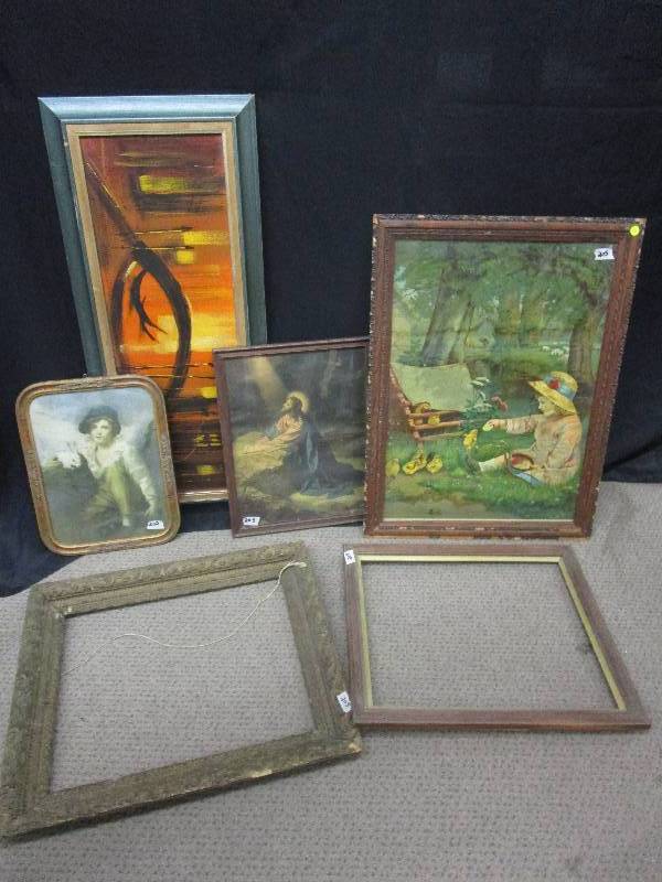 lot 126 image: Old Picture (First Come First Served), Picture of Jesus, 3 Old Frames, Little Boy with a Rabbit