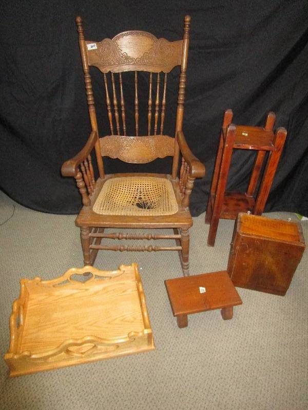 lot 145 image: Beautiful Antique Furniture, Rocker, Plant Stand, Wood Storage Cabinet, Oak Breakfast Tray, Stool