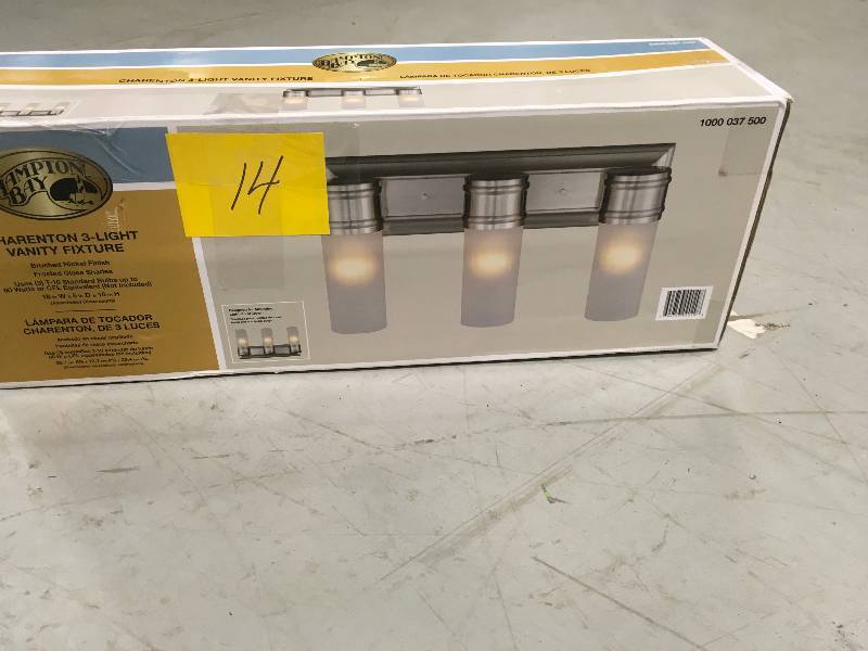 lot 14 image: 3-Light Brushed Nickel Wall Vanity Fixture new