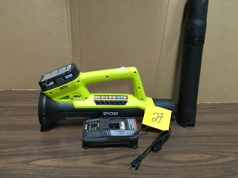 lot 27 image: RyobiONE 90 MPH 200 CFM 18-Volt Lithium-Ion Cordless Leaf Blower - 2.0 Ah Battery and Charger Included  in good working condition