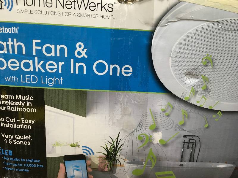 lot 31 image: Decorative White 70 CFM Bluetooth Stereo Speaker Exhaust Bathroom Exhaust Fan with LED Light