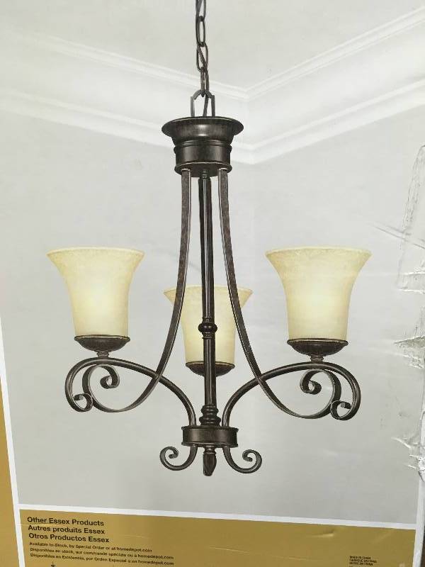 lot 42 image: Hampton Bay Essex 3-Light Aged Black Chandelier with Tea Stained Glass Shades