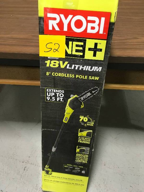 lot 52 image: Ryobi ONE 8 in. 18-Volt Lithium-Ion Cordless Pole Saw 1.3 Ah Battery and Charger Included  in good working condition