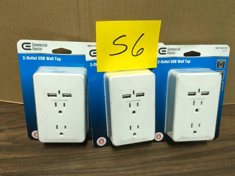 lot 56 image: Commercial Electric 4.2 Amp 2-Outlet 2-USB Wall Tap Power Station, White Lot of 3