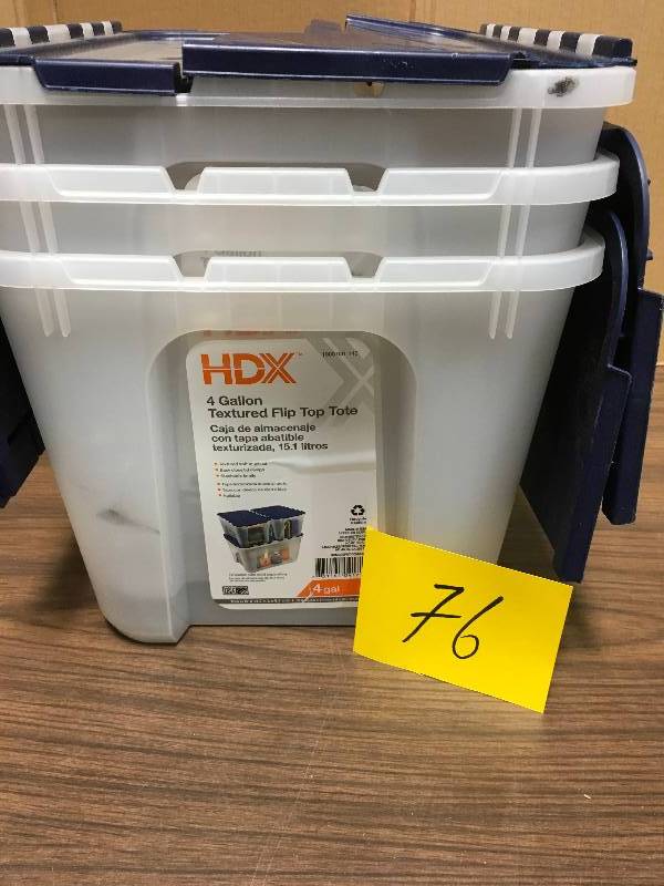 lot 76 image: HDX 4 Gal. Clear Storage Tote with Blue Flip Top One  top cover is broken  Lot of 3