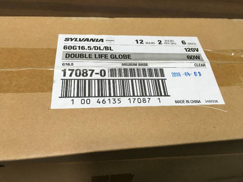 lot 98 image: 12 Pack SYLVANIA Double Life 60w Incandescent G16.5 Bulbs