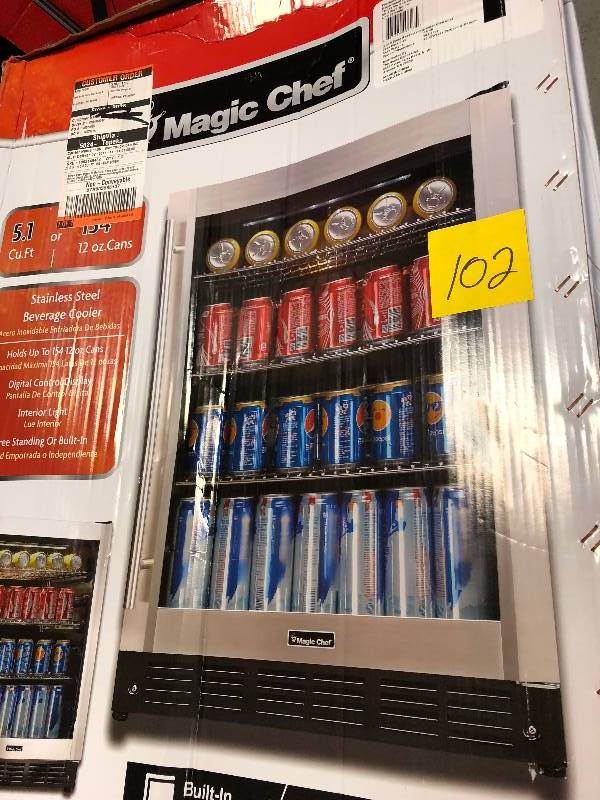 lot 102 image: Magic Chef Beverage 23.4 in. 154 (12 oz.) Can Cooler, Stainless Steel open box not used