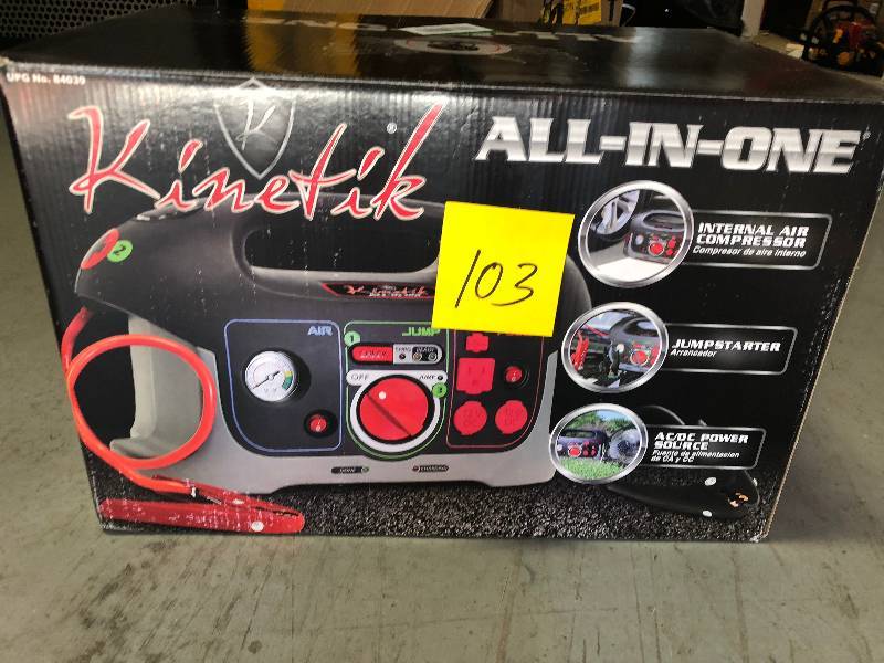 lot 103 image: UPG 84039 Adventure Power BlackRedAll-In-One Jump-Start System with Built-In Air Compressor and Power Inverter  not used