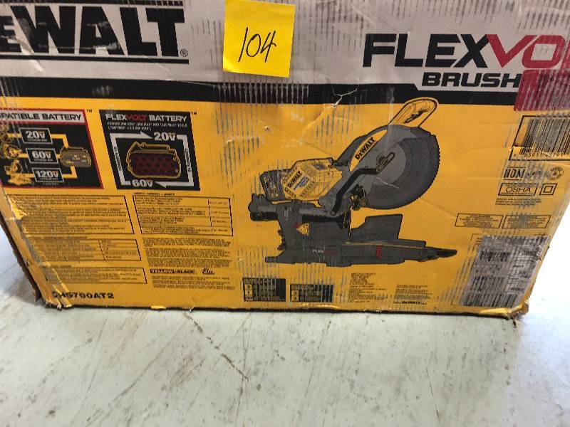 lot 104 image: DEWALT FLEXVOLT 120-Volt MAX Lithium-Ion Cordless Brushless 12 in. Sliding Miter Saw w AC Adapter, Batteries 2Ah and Charger not used