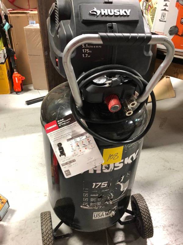 lot 108 image: HUSKY 30 Gal. 175 PSI High Performance Quiet Portable Electric Air Compressor in working conditions