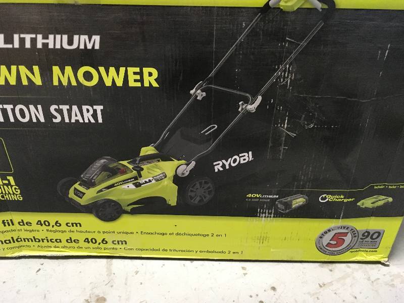 lot 1 image: Ryobi 16 in. 40-Volt Lithium-Ion Cordless Battery Walk Behind Push Lawn Mower - 4.0 Ah BatteryCharger Included in good working condition