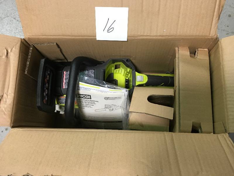 lot 16 image: Ryobi 14 in. 40-Volt Brushless Lithium-Ion Cordless Chainsaw Battery and Charger Not Included  in good working condition