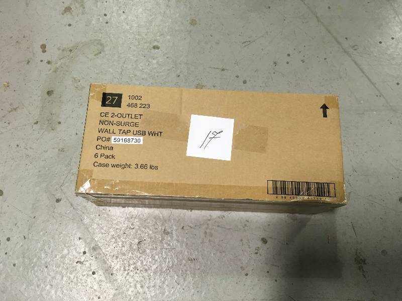 lot 17 image: Commercial Electric 4.2 Amp 2-Outlet 2-USB Wall Tap Power Station, White Lot of 6 case