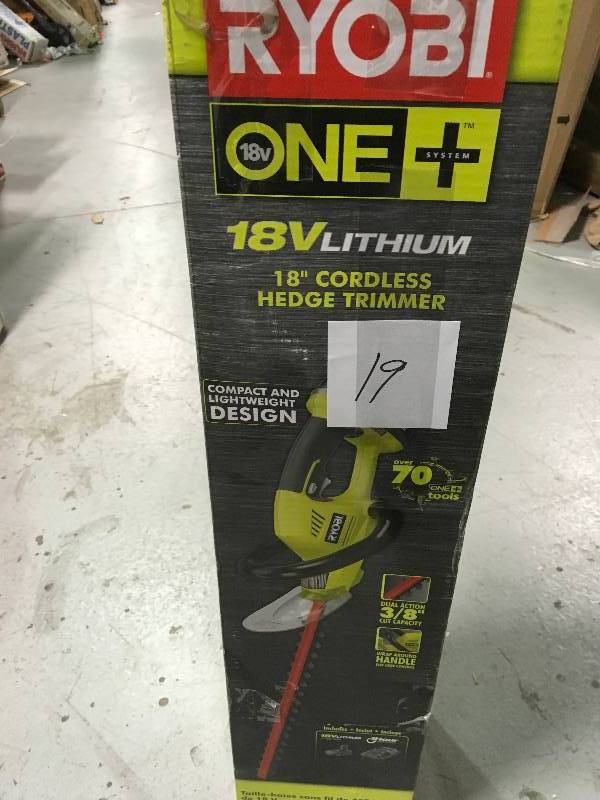 lot 19 image: Ryobi ONE 18 in. 18-Volt Lithium-Ion Cordless Hedge Trimmer - 1.3 Ah Battery and Charger Included  in good working condition