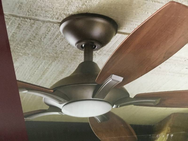 lot 20 image: Petersford 52 in. Integrated LED Indoor Oil Rubbed Bronze Ceiling Fan with Light Kit and Remote Control not used