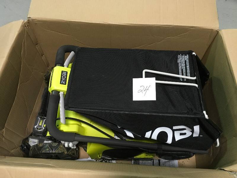 lot 24 image: Ryobi 16 in. ONE 18-Volt Lithium-Ion Cordless Battery Walk Behind Push Lawn Mower Two 4.0Ah BatteriesCharger Included Used in good working cond.