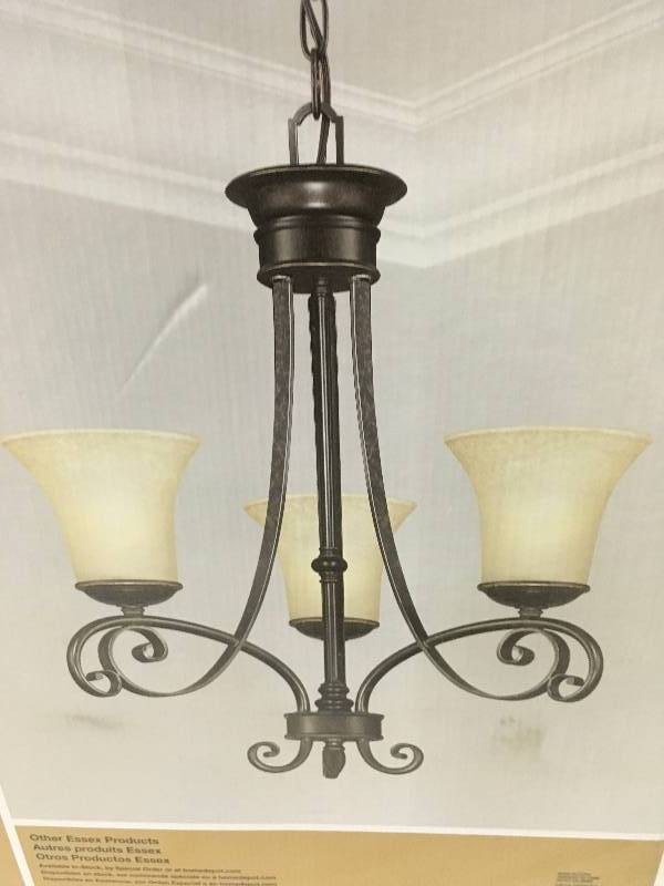 lot 25 image: Hampton Bay Essex 3-Light Aged Black Chandelier with Tea Stained Glass Shades not used