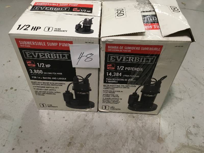 lot 48 image: Everbilt 2 HP Submersible Sump Pump with Tether Lot of 2