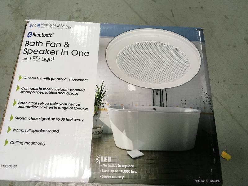 lot 53 image: Decorative White 70 CFM Bluetooth Stereo Speaker Exhaust Bathroom Exhaust Fan with LED Light