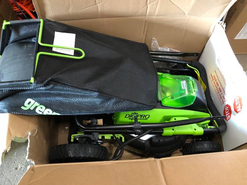 lot 106 image: Greenworks Digi-Pro GMAX 19 in. 40-Volt Brushless Cordless Battery Walk Behind Push Lawn Mower - BatteryCharger Not Included in good conditions