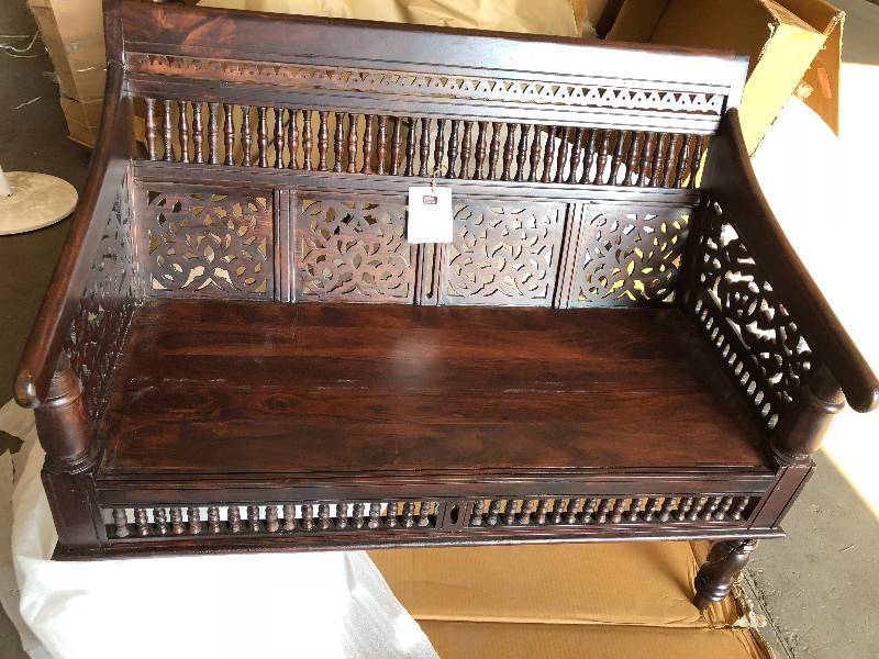 lot 111 image: Home Decorators Hand Carved Two Seater Maharaja Walnut Bench not used whit one leg broken please review the pictures