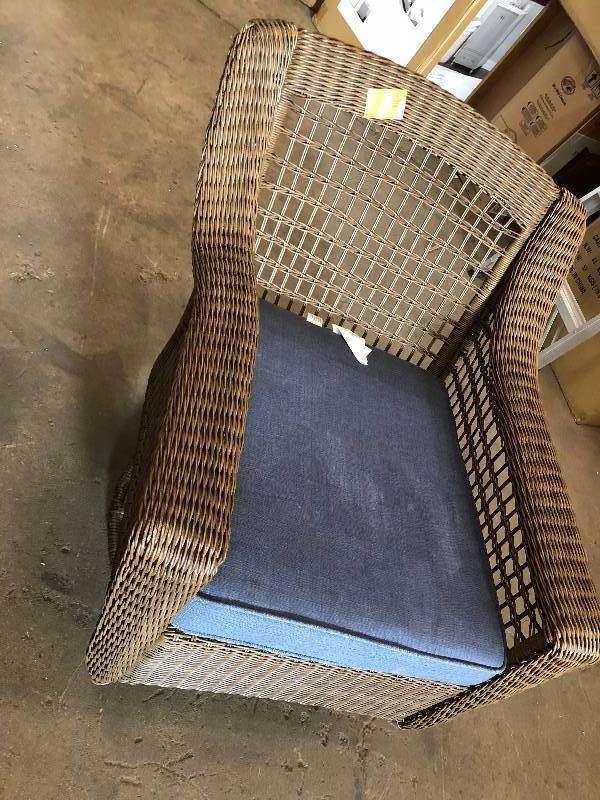 lot 112 image: Hampton Bay Spring Haven Brown All-Weather Wicker Outdoor Patio Swivel Rocking Chair with Sky Blue Cushions used whit small bent