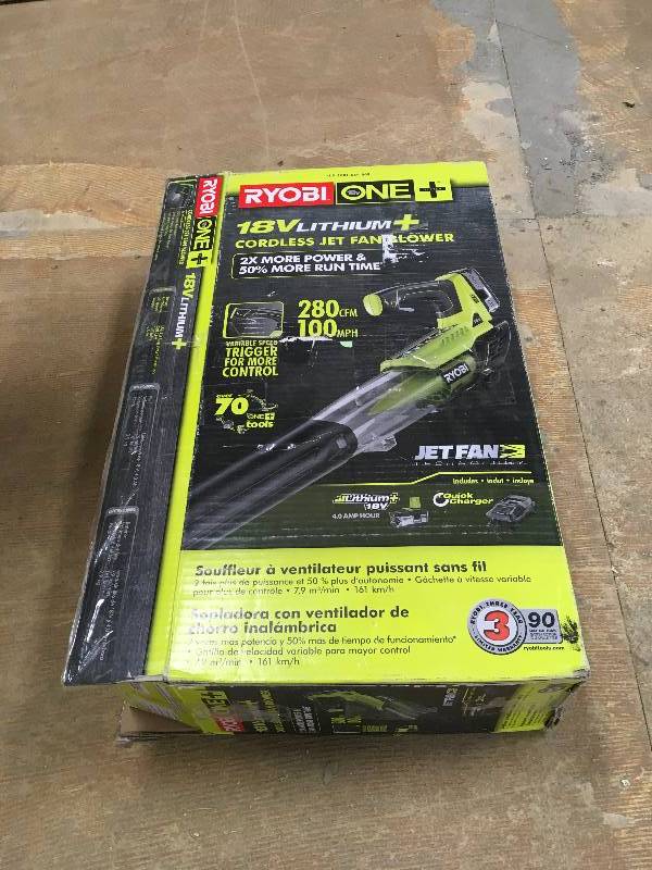 lot 4 image: RYOBI ONE 100 MPH 280 CFM Variable-Speed 18-Volt Lithium-Ion Cordless Jet Fan Leaf Blower 4Ah Battery and Charger Included in good conditions
