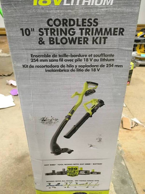 lot 25 image: Ryobi ONE 18-Volt Lithium-Ion String TrimmerEdger and Blower Combo Kit 2.0 Ah Battery and Charger Included in working conditions