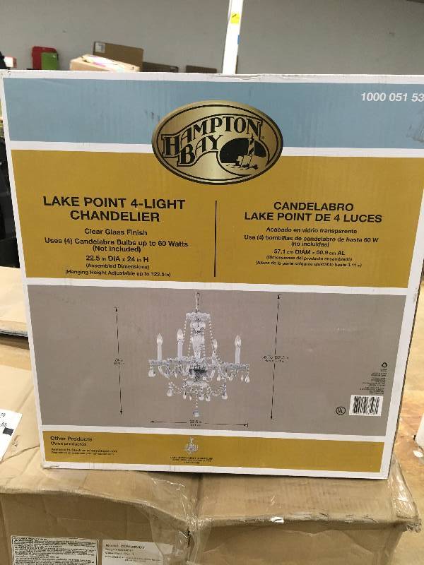 lot 36 image: Hampton Bay Lake Point 4-Light Chrome and Clear Crystal Chandelier New