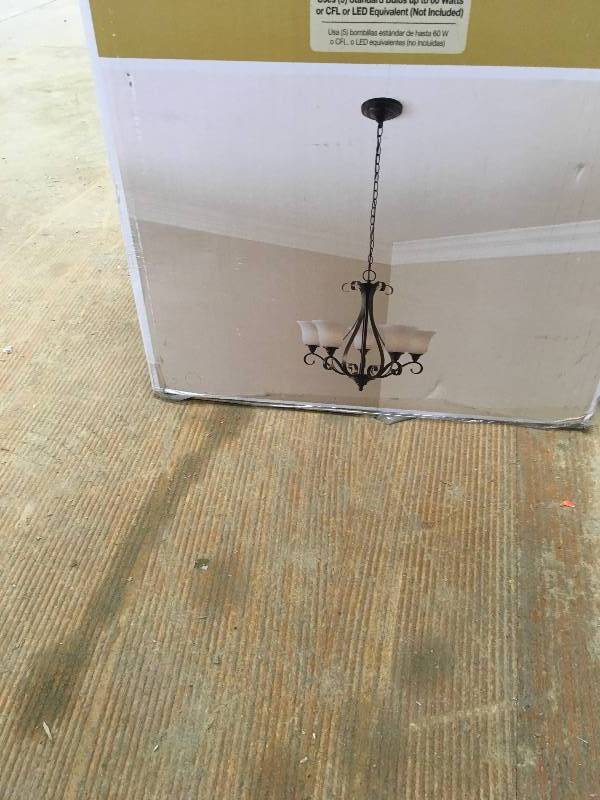 lot 48 image: Hampton Bay 5-Light Oil-Rubbed Bronze Chandelier with Frosted White Glass Shades new