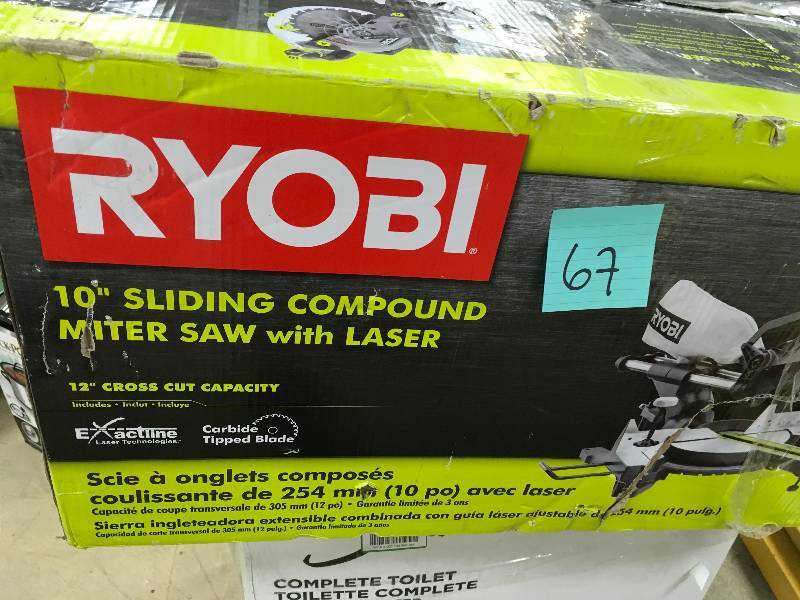 lot 67 image: Ryobi 15 Amp 10 in. Sliding Miter Saw with Laser in working conditions