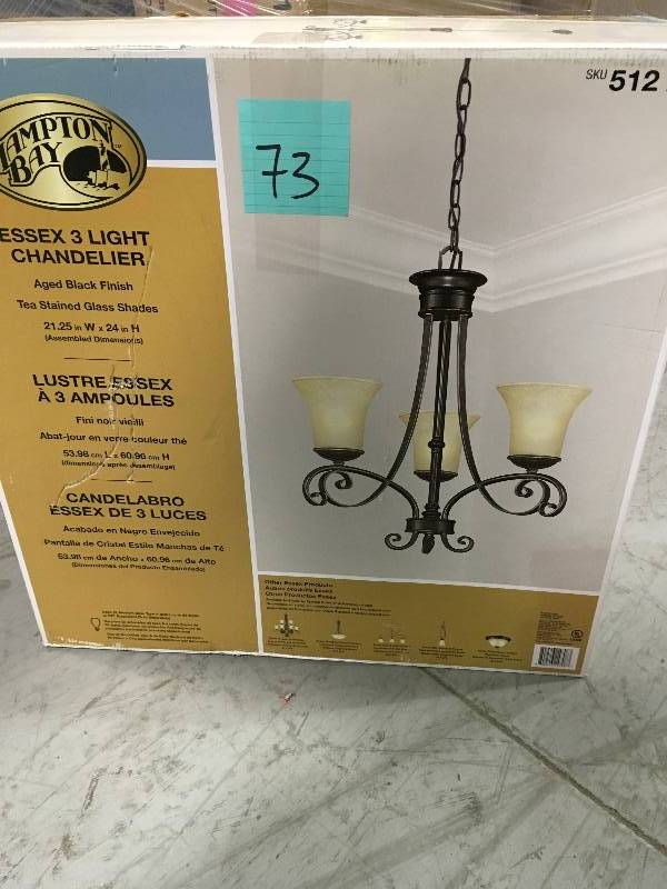 lot 73 image: HAMPTON BAY Essex 3-Light Aged Black Chandelier with Tea Stained Glass Shades not used