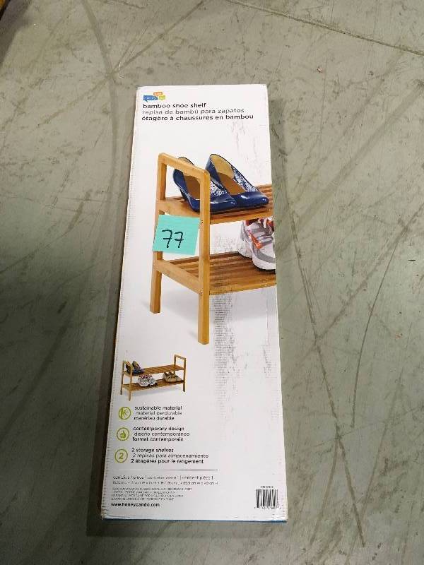 lot 77 image: Honey-Can-Do 2-Tier 8-Pair Bamboo Shoe Shelf not used
