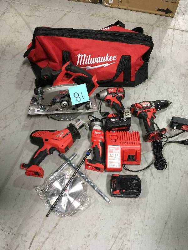lot 81 image: Milwaukee M18 18-Volt Lithium-Ion Cordless Compact DrillMetal Circular Saw Combo Kit (2-Tool) with (2) 3.0Ah Batteries, Tool Bag in good working conditions