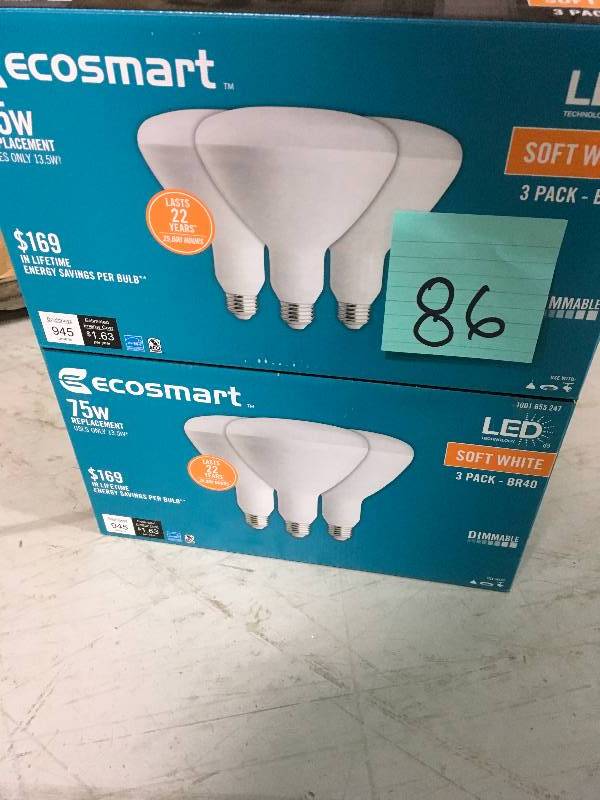 lot 86 image: EcoSmart 75-Watt Equivalent BR40 Dimmable LED Light Bulb, Soft White (3-Pack) Lot of 2 new
