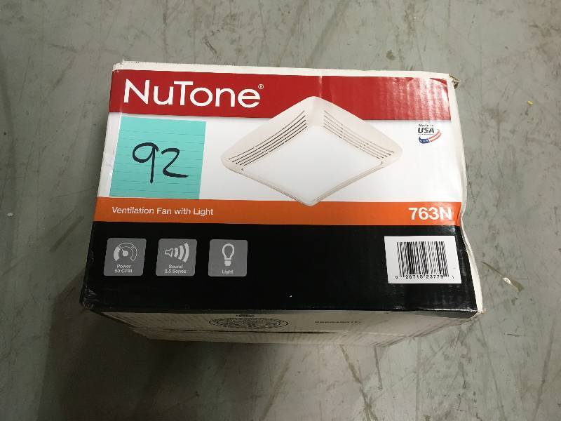 lot 92 image: NUTONE 50 CFM Ceiling Exhaust Bath Fan with Light in good conditions