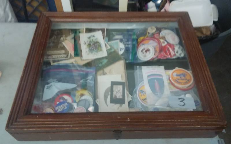 Display Showcase & Contents 23x19x4-Patches, Portraits, Post Cards