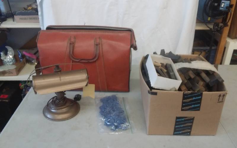 Vintage Metal Desk Lamp, Old Doctors Bag, Box Of Printers Tray Wood Block Spacers