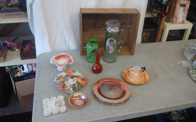 3-Carnival Glass Plates, Geisha Tankard, Misc Glassware (Includes Old Wood Crate)
