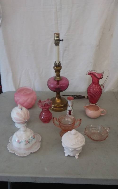 Pink Glass Lamp & Assorted Pink Glass Ware