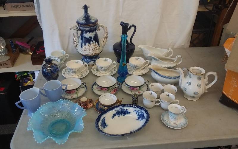 Lot Of Blue Glass Ware (Fenton Vase), Tea Cups, Saucers, Cream & Sugar, Gravy Boats, Misc