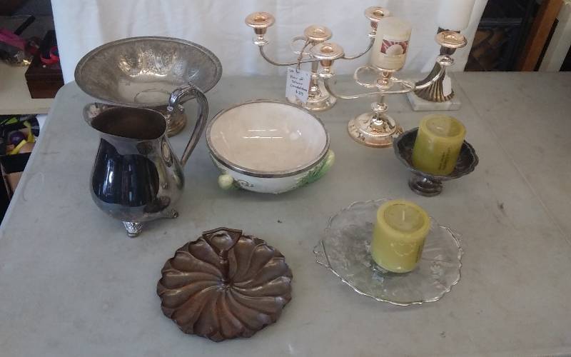 Lot Of Silver Plate Serving Pieces- Candles, Candelabras, Copper Dish