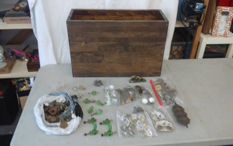 Wood Bin & Large Assortment Of Knob, Handles & Hardware