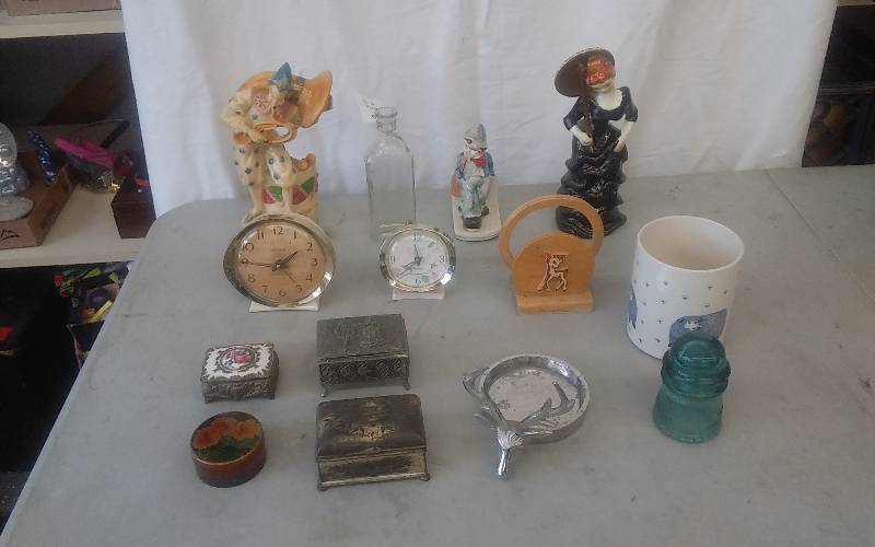 Lot Of Vintage Collectibles- Alarm Clocks, Trinket Boxes, Figurines, Insulator
