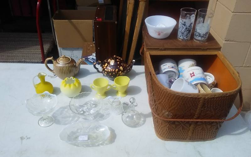 Vintage Picnic Basket, Thermos & Coffee Mugs, Assorted Glassware, Tea Pots, Misc