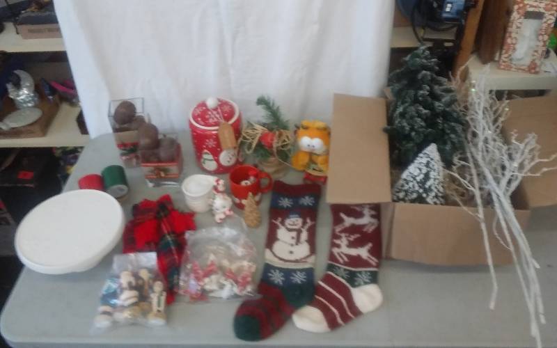 Lot Of Christmas Decor (Cookie Jar, Cake Stand, Trees, Misc)