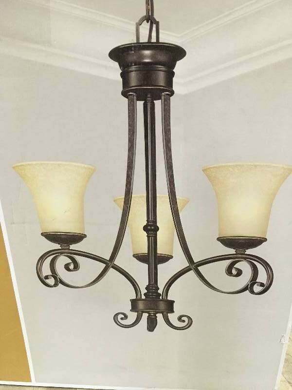Hampton Bay Essex 3-Light Aged Black Chandelier with Tea Stained Glass Shades new
